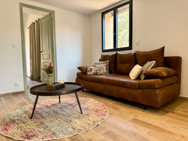 Grand salon avec canapé en cuir et lumière naturelle — Villa Folacca